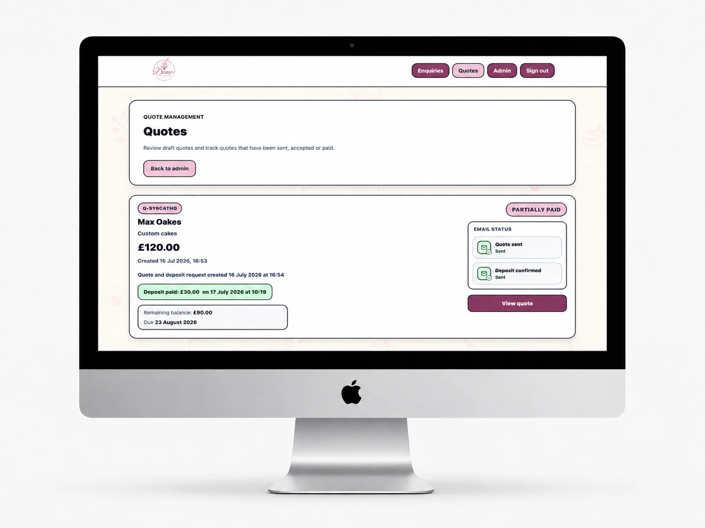 The Demo Cake Studio quote dashboard showing the fictional booking as partially paid after the £30 deposit