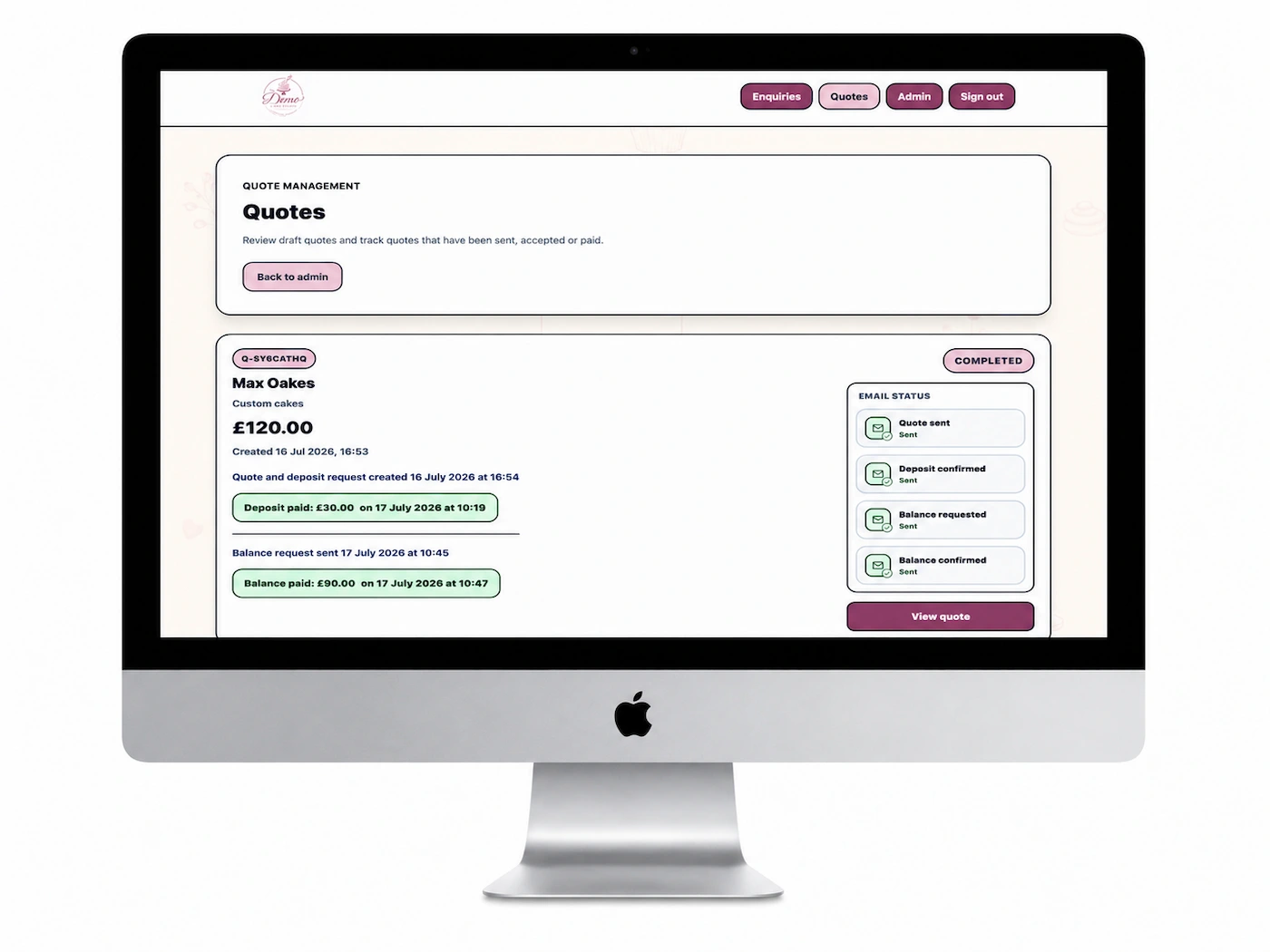 The Demo Cake Studio quote dashboard showing the fictional fully paid booking marked as completed