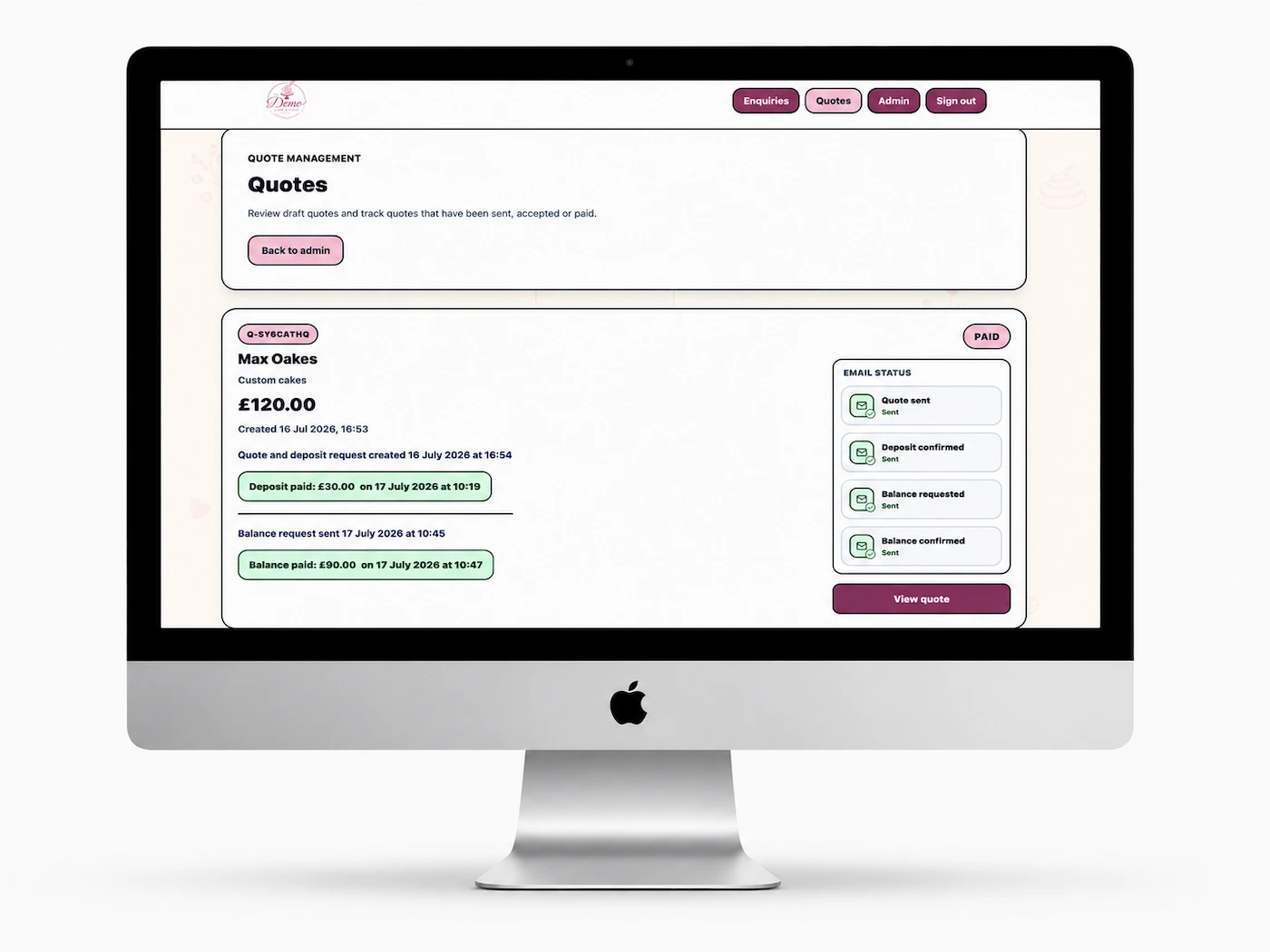 The Demo Cake Studio quote dashboard showing the fictional £120 booking as fully paid with all customer emails sent