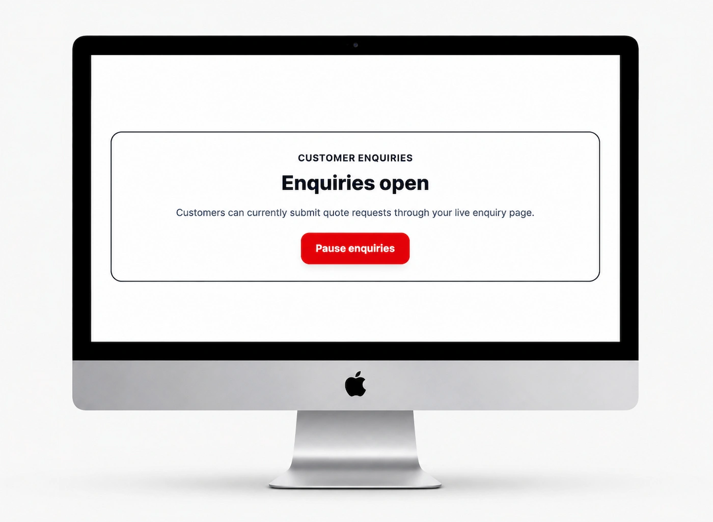 The Demo Cake Studio dashboard showing that customer enquiries are open with an option to pause them