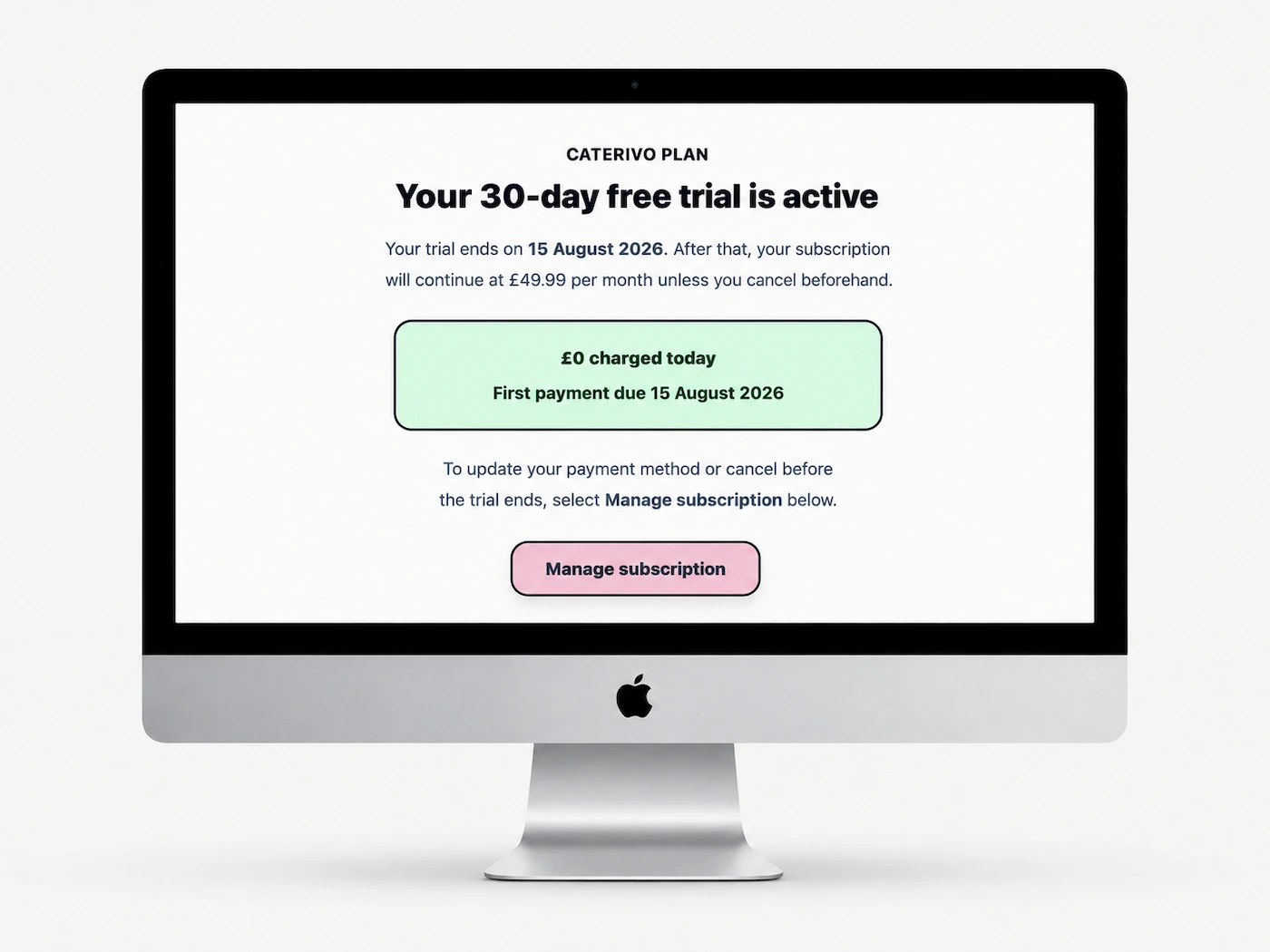 The Demo Cake Studio dashboard confirming that its fictional 30-day Caterivo free trial is active