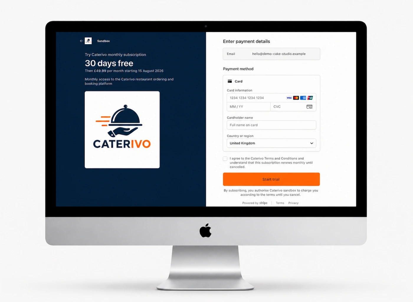 Secure Stripe checkout page for The Demo Cake Studio’s fictional Caterivo subscription and 30-day free trial