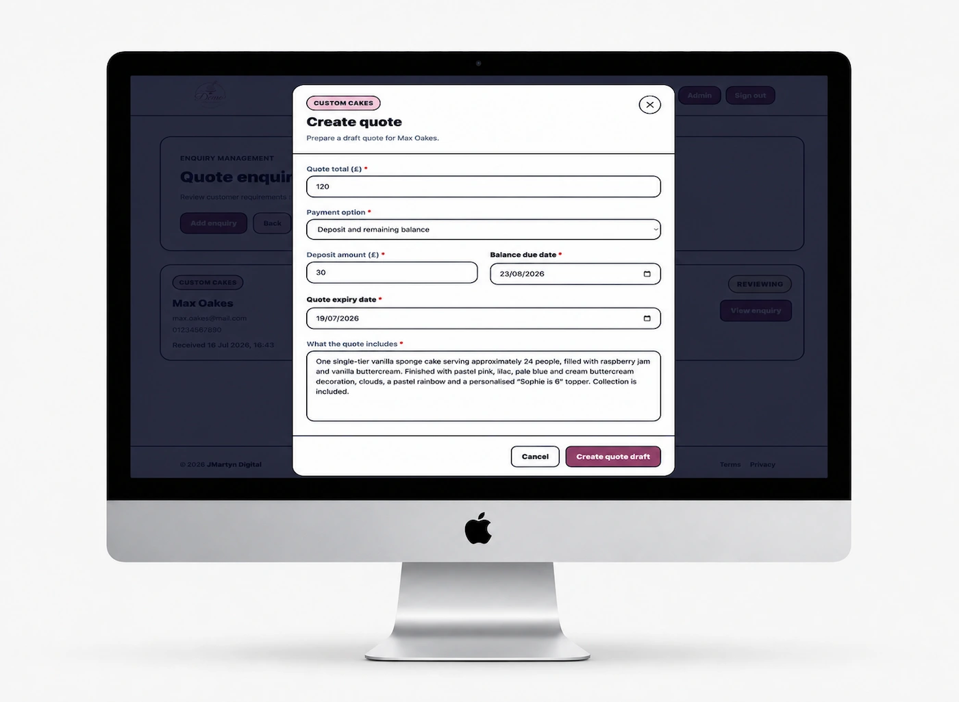 The Demo Cake Studio create-quote modal showing the fictional cake price, deposit and balance details