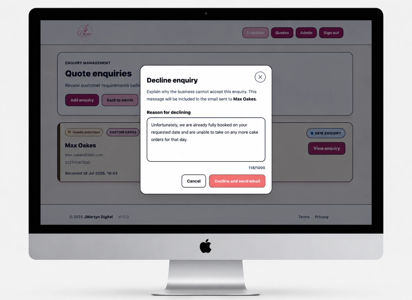 The Demo Cake Studio decline-enquiry modal asking for a reason to send to the fictional customer