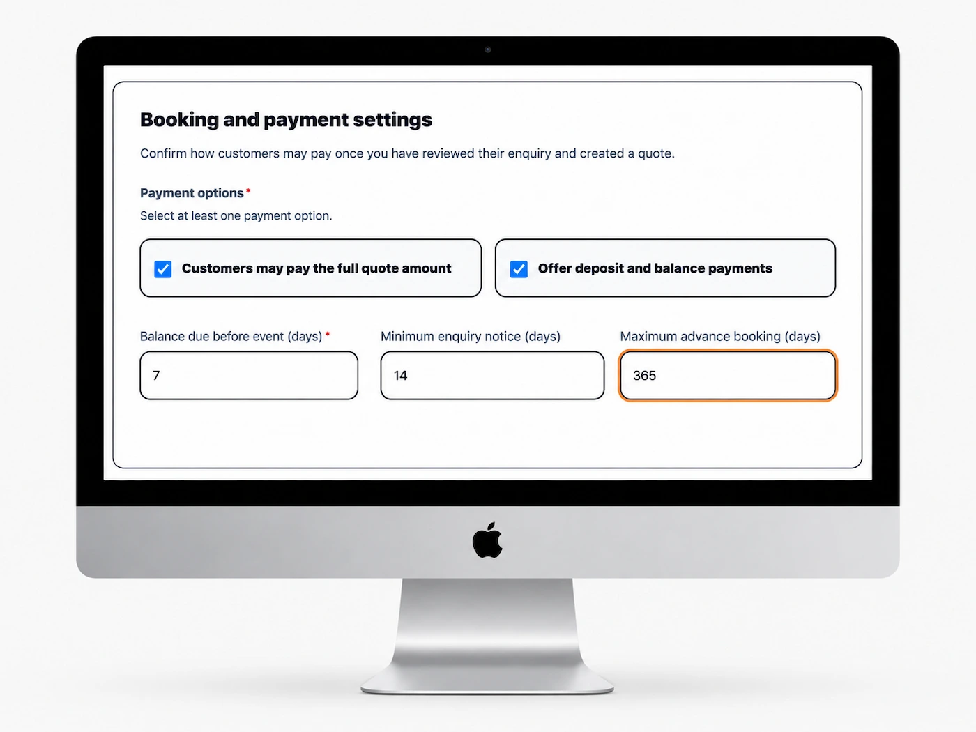 The Demo Cake Studio onboarding form showing full payment, deposit and balance, minimum notice and advance booking settings