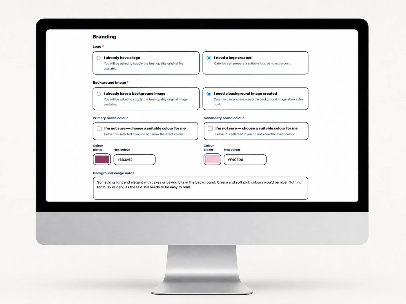 The Demo Cake Studio onboarding form showing logo, background image and brand colour choices