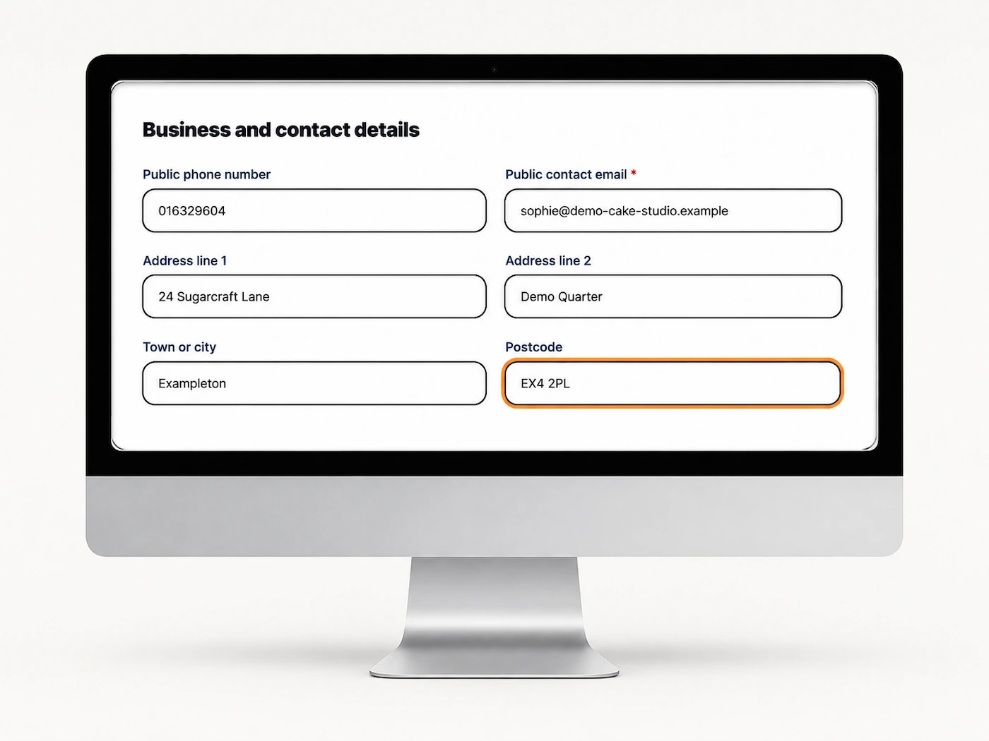 The Demo Cake Studio onboarding form showing fictional public contact and address details