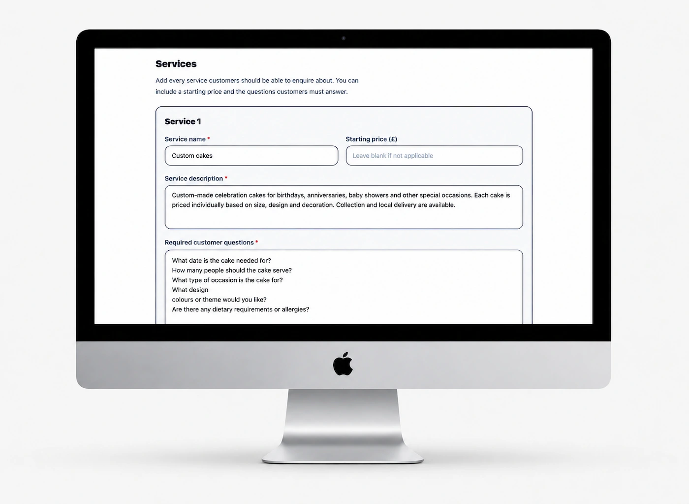 The Demo Cake Studio onboarding form showing its custom cakes service, description and required customer questions
