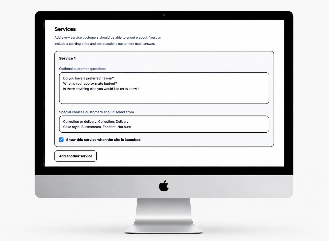 The Demo Cake Studio onboarding form showing optional customer questions and fixed service choices