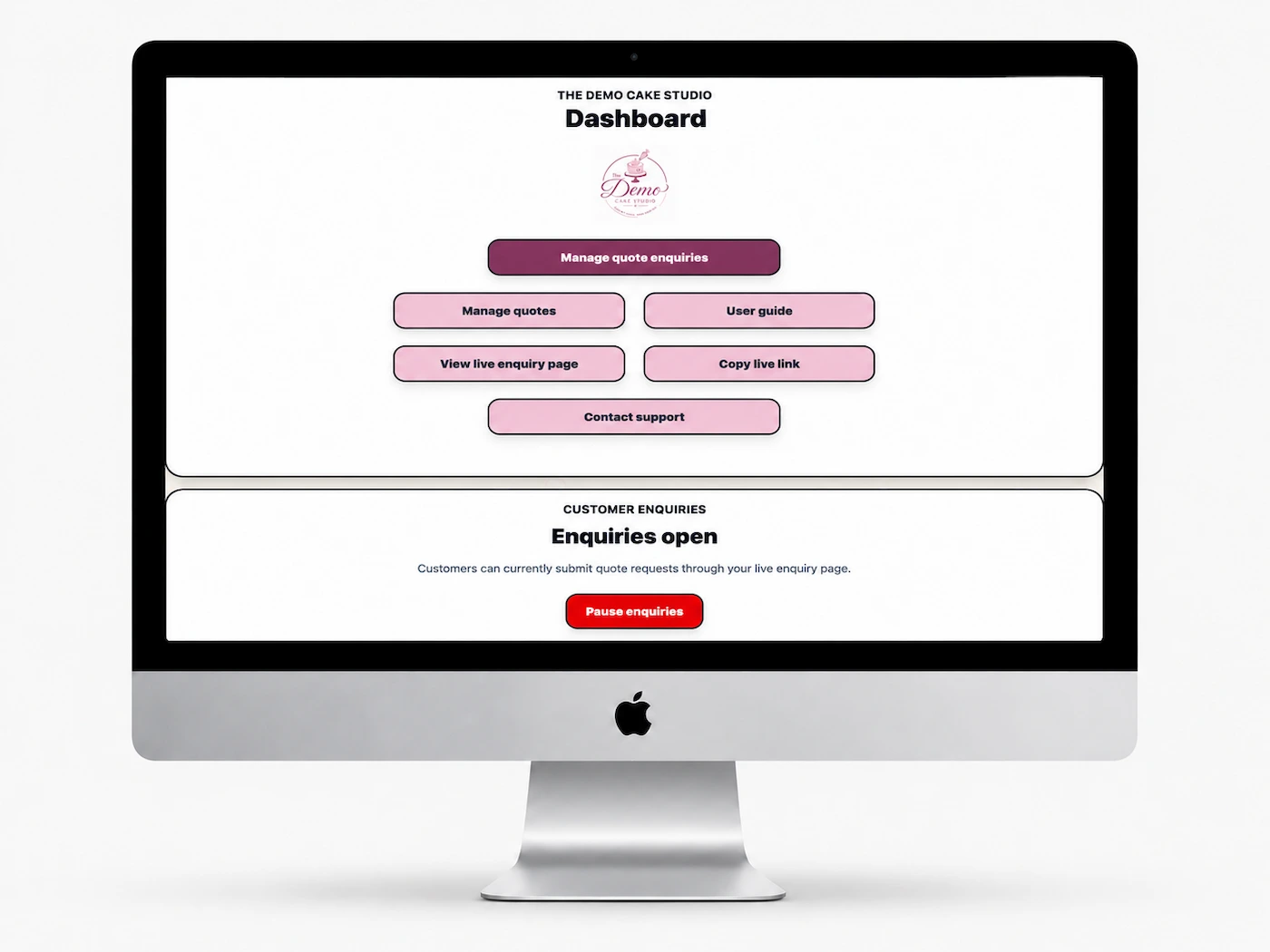 The Demo Cake Studio Caterivo dashboard showing enquiry, quote, live-page and support controls