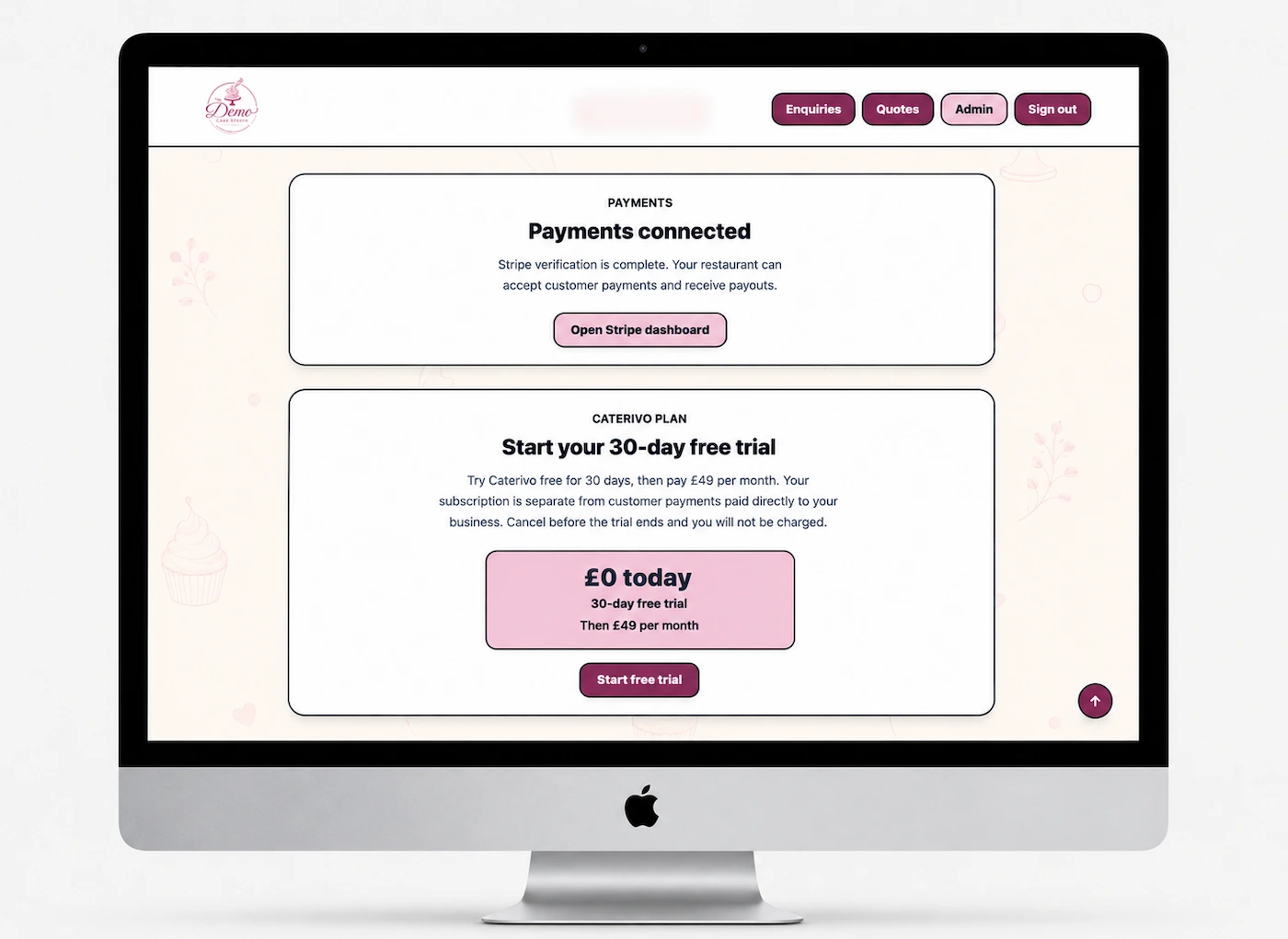 The Demo Cake Studio dashboard showing Stripe payments connected and the Caterivo free-trial option