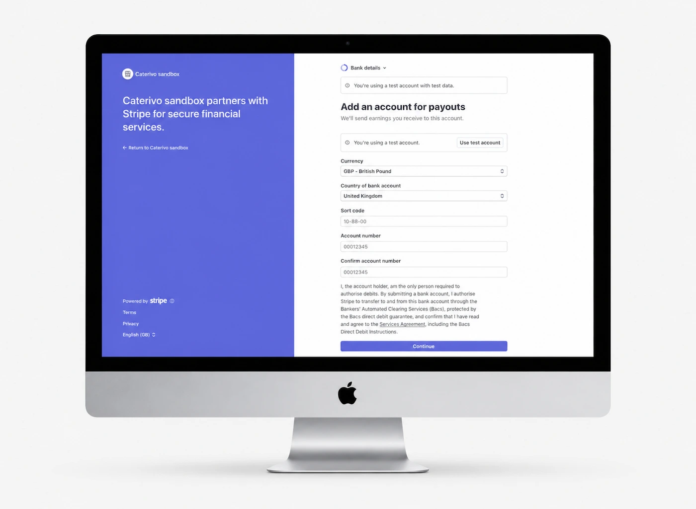 Stripe onboarding page asking for the bank account that should receive business payouts