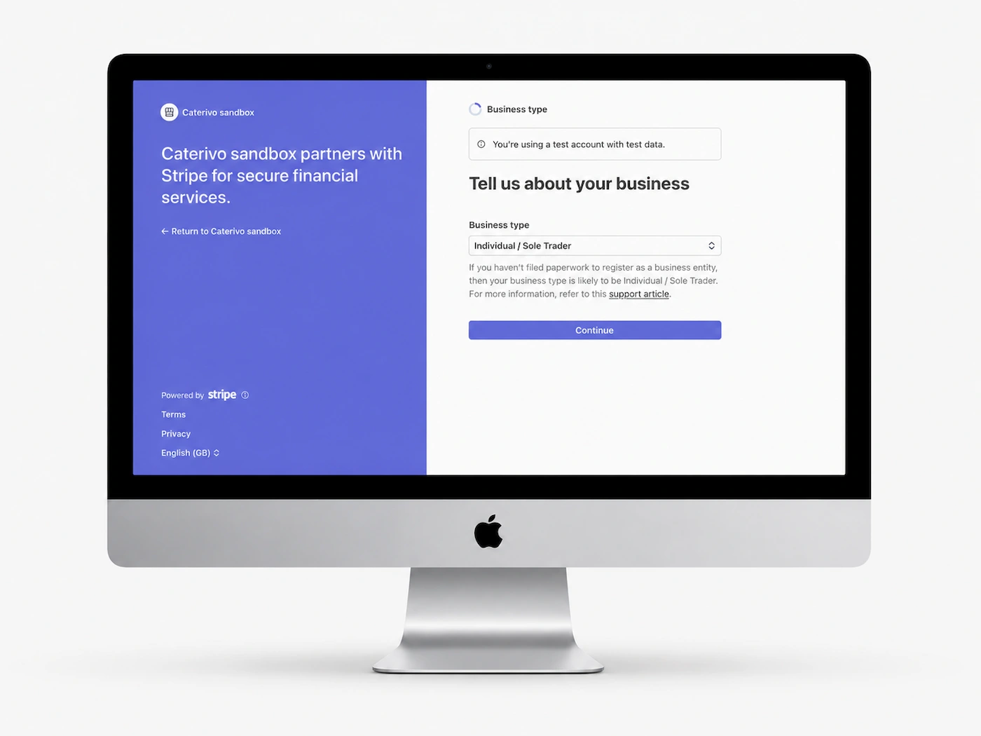 Stripe onboarding page asking The Demo Cake Studio to select its business type