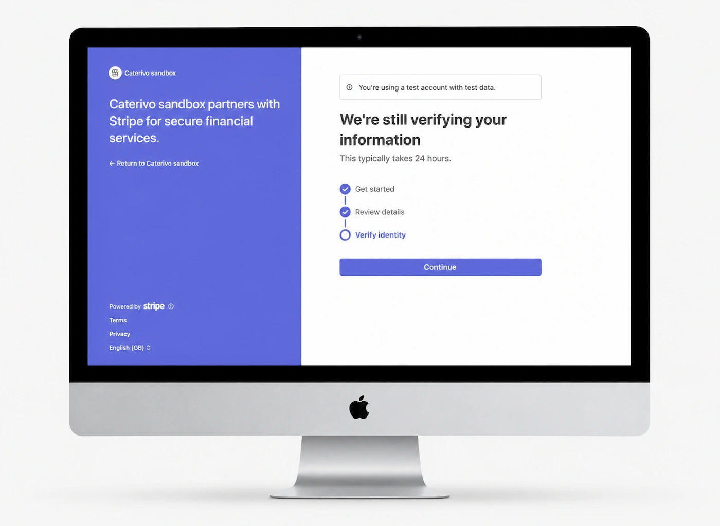 Stripe onboarding page showing identity verification in progress