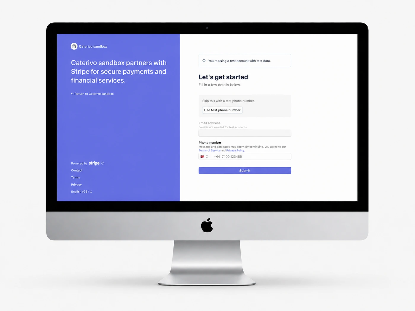 Stripe onboarding page asking the fictional business owner to begin secure verification
