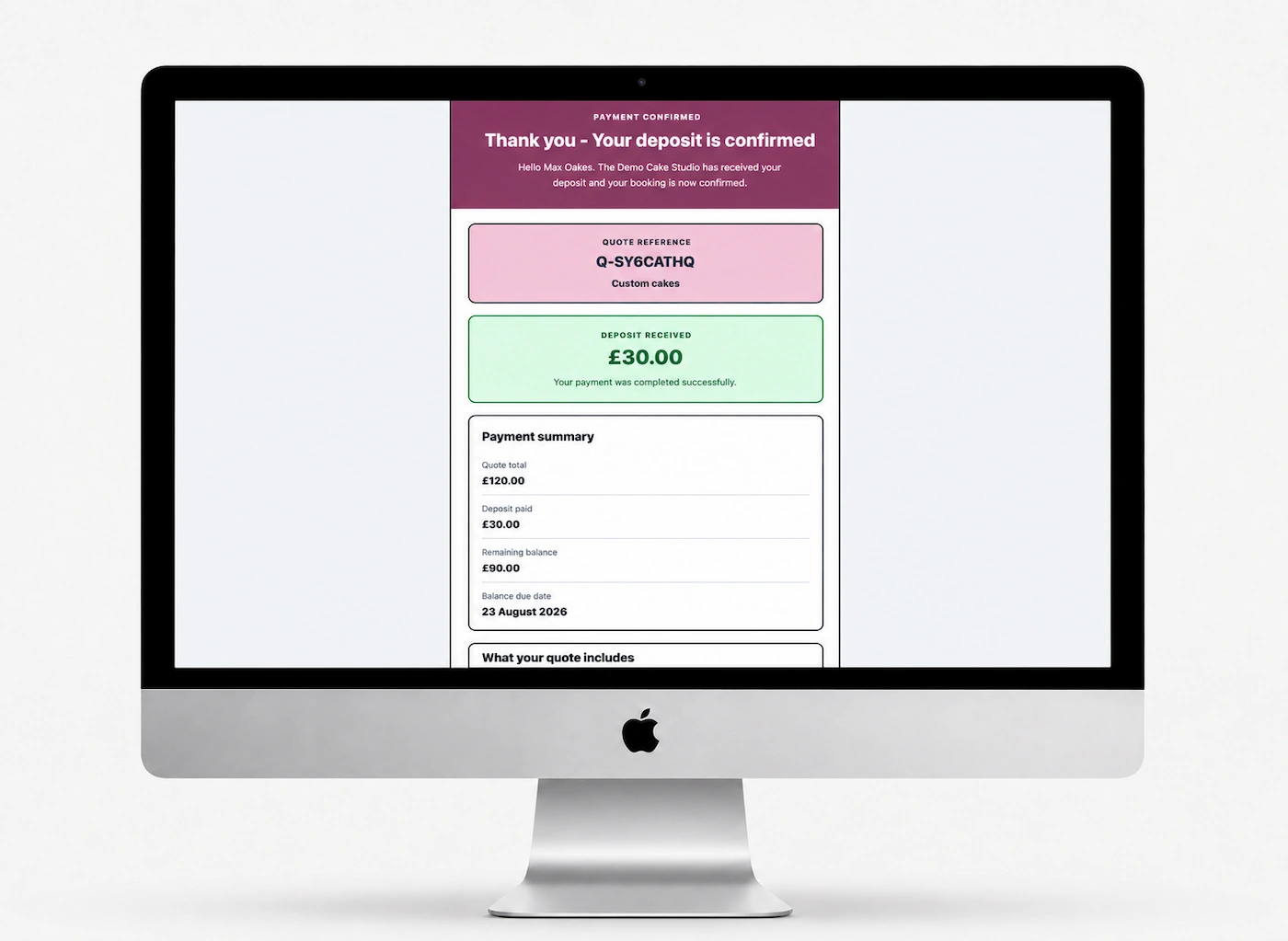 The Demo Cake Studio fictional branded deposit-confirmation email showing the payment summary and remaining balance