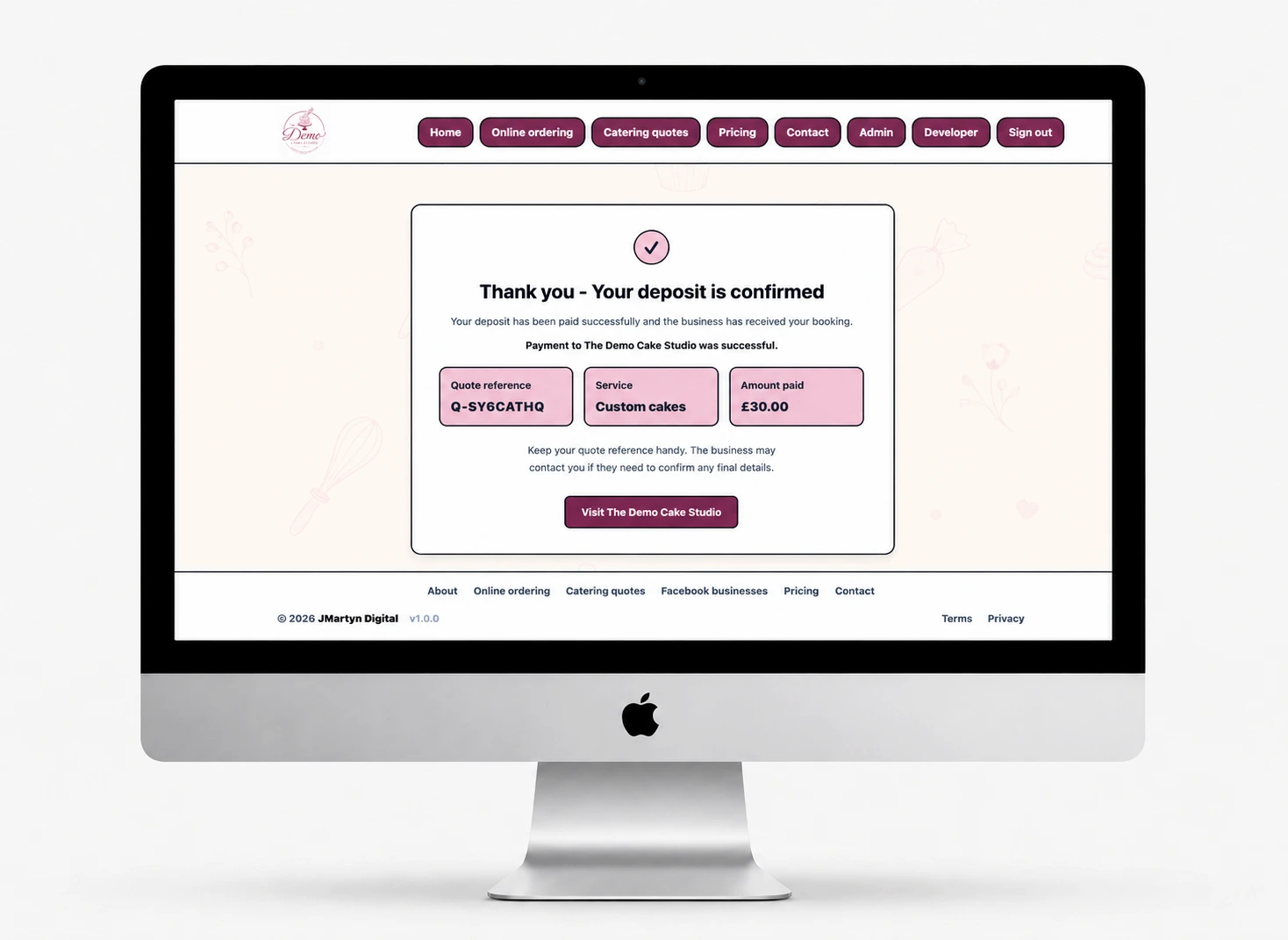 The Demo Cake Studio fictional payment-success page confirming that the customer’s £30 deposit was paid
