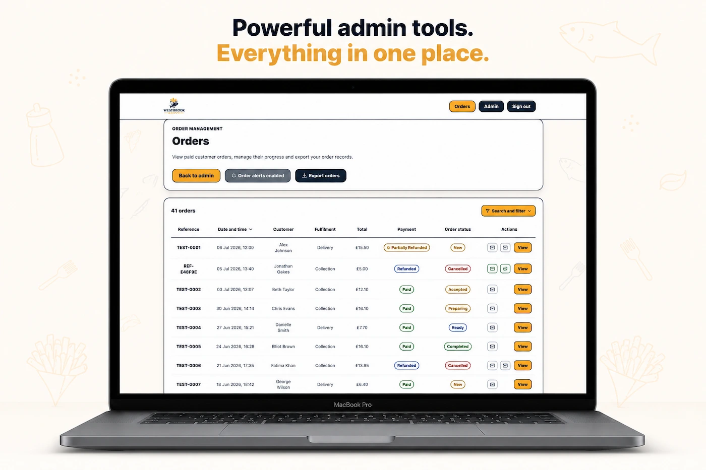 Desktop screenshot showing the Caterivo order management dashboard