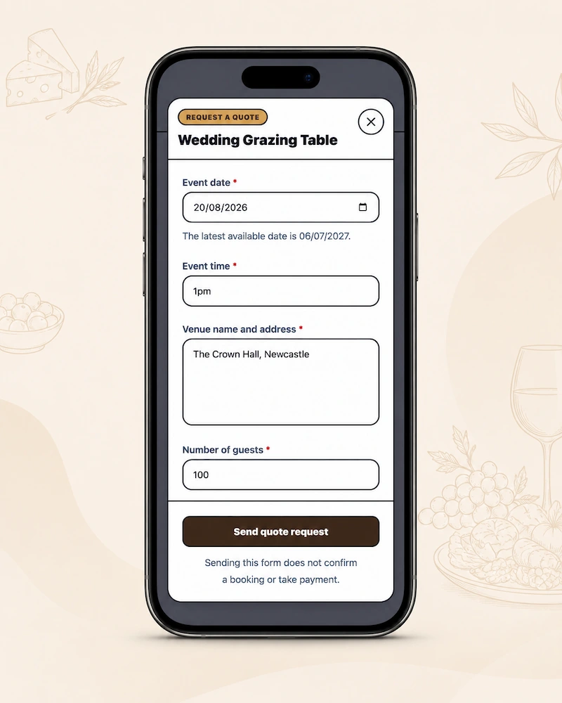 Mobile screenshot showing a branded Caterivo catering enquiry form