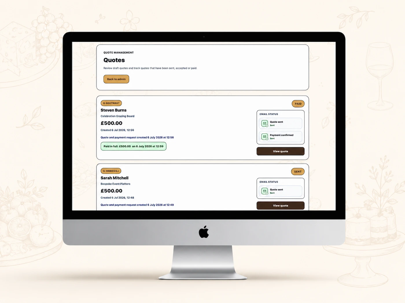 Desktop screenshot showing the Caterivo quote management dashboard