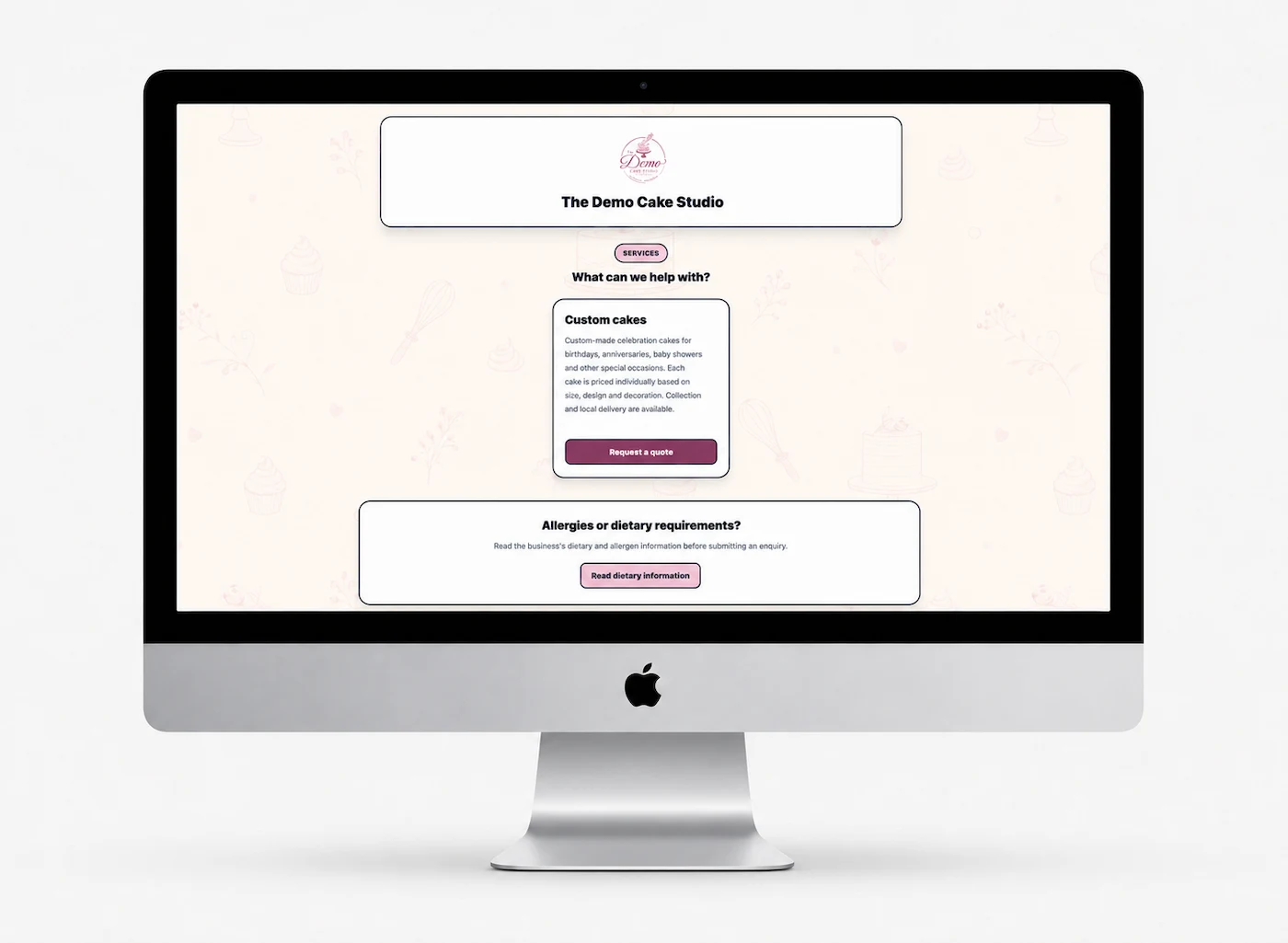 The Demo Cake Studio fictional customer-facing Caterivo enquiry page displayed on a desktop computer