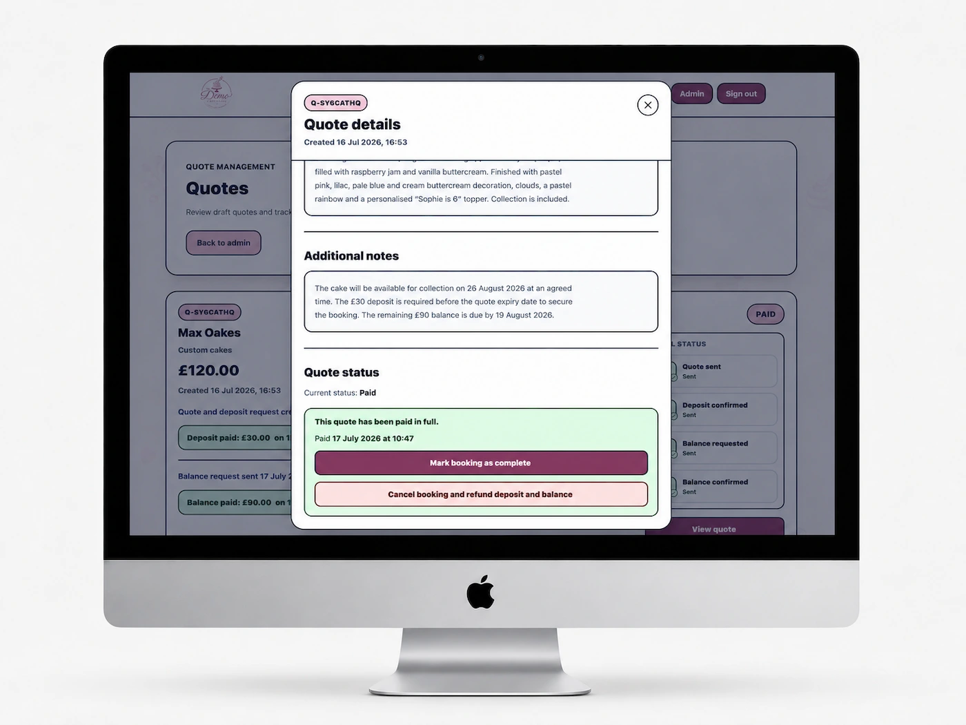 The Demo Cake Studio paid quote showing the option to mark the fictional booking as complete