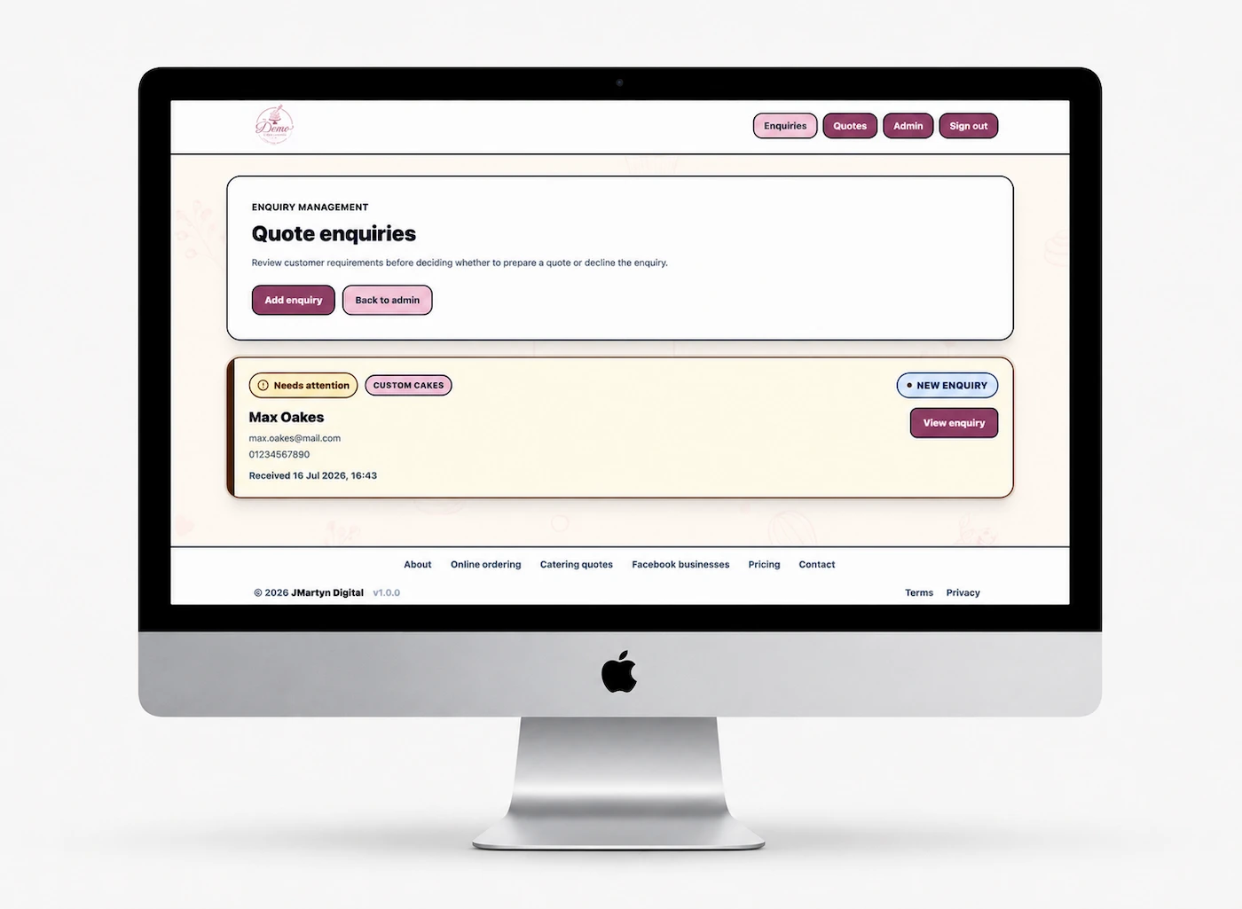 The Demo Cake Studio enquiry-management page showing a new fictional custom-cake enquiry