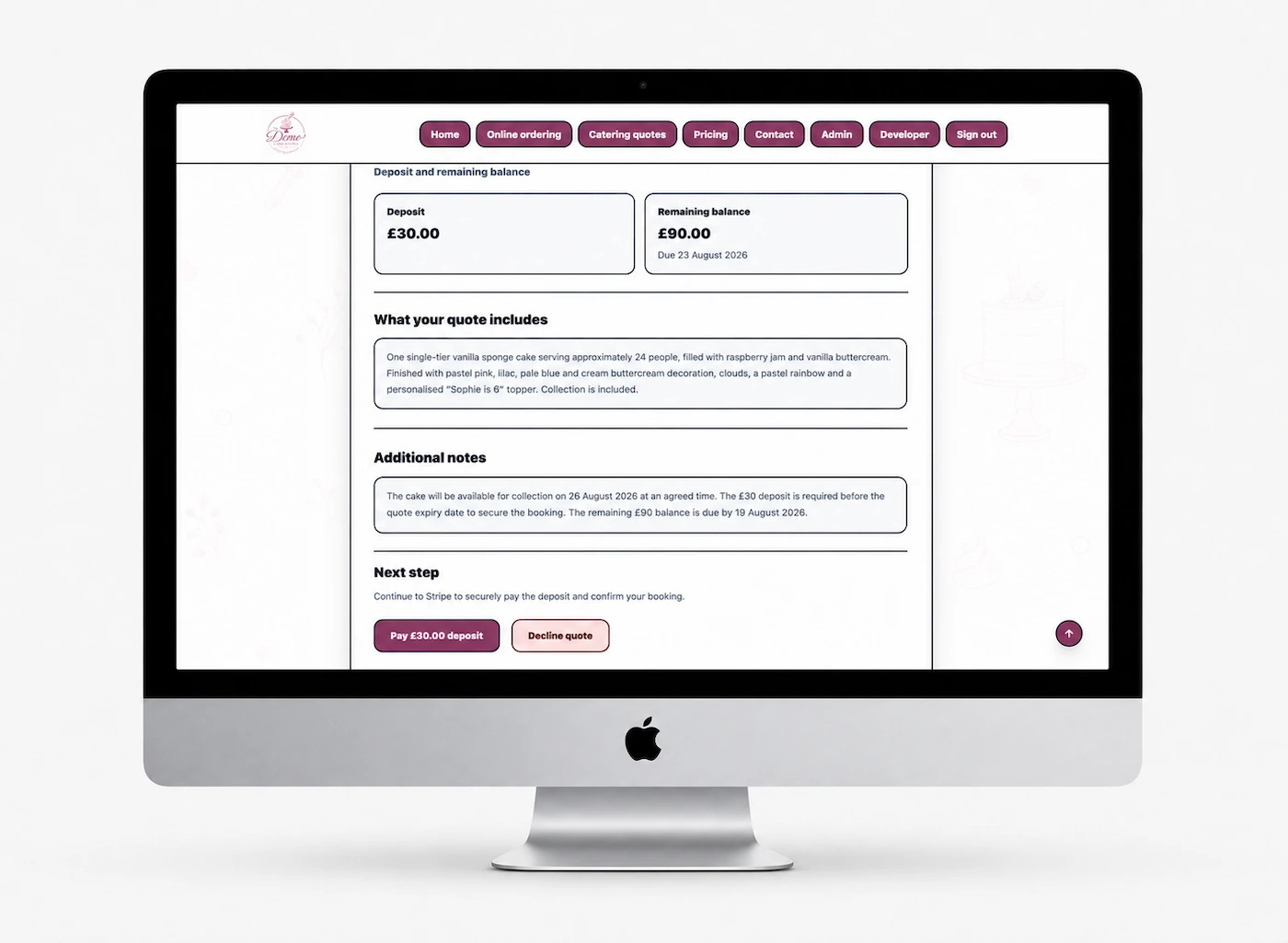 The Demo Cake Studio fictional customer quote page showing the deposit, remaining balance and response buttons