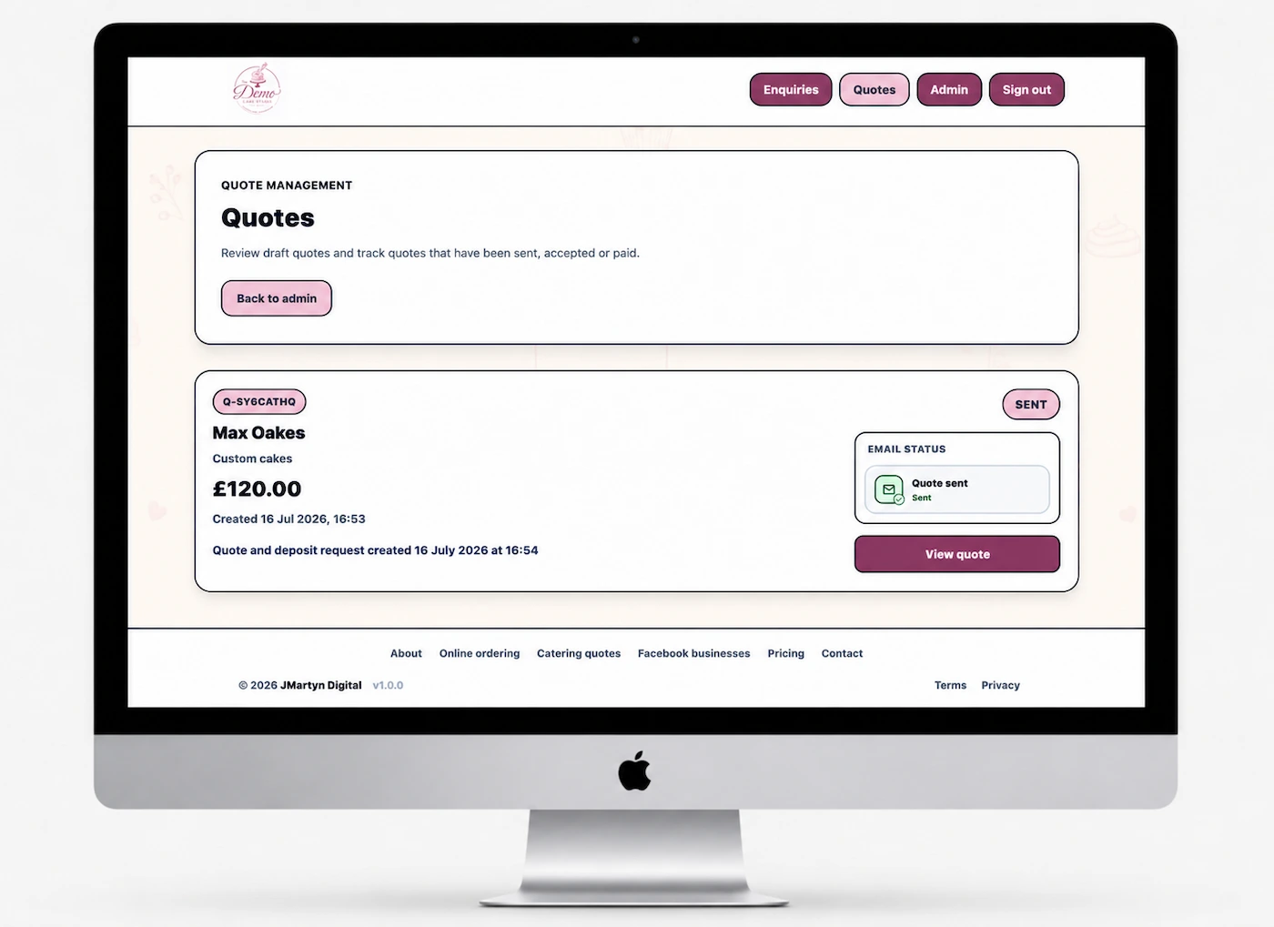 The Demo Cake Studio quote-management page confirming that the fictional quote email was sent successfully