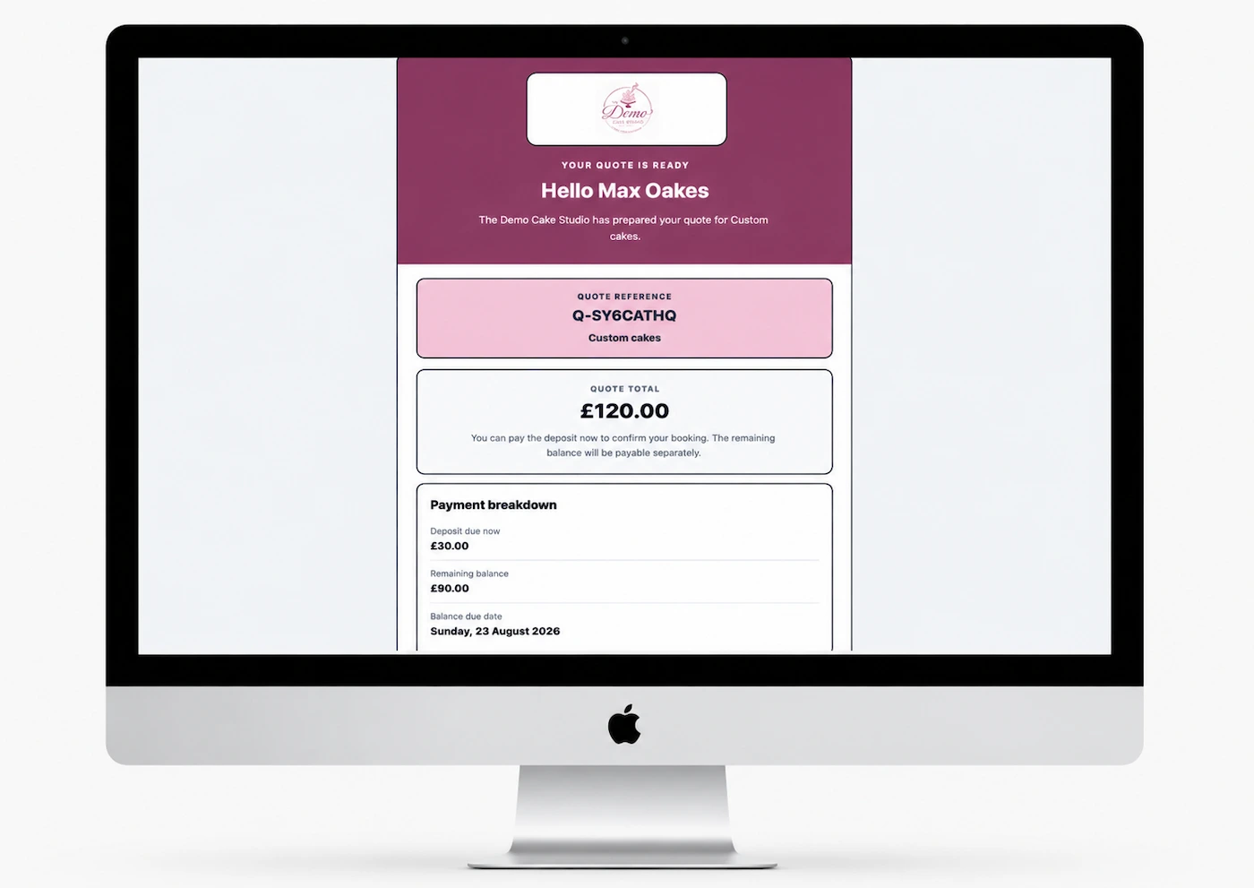 The first part of The Demo Cake Studio’s fictional branded quote email showing the total and payment breakdown