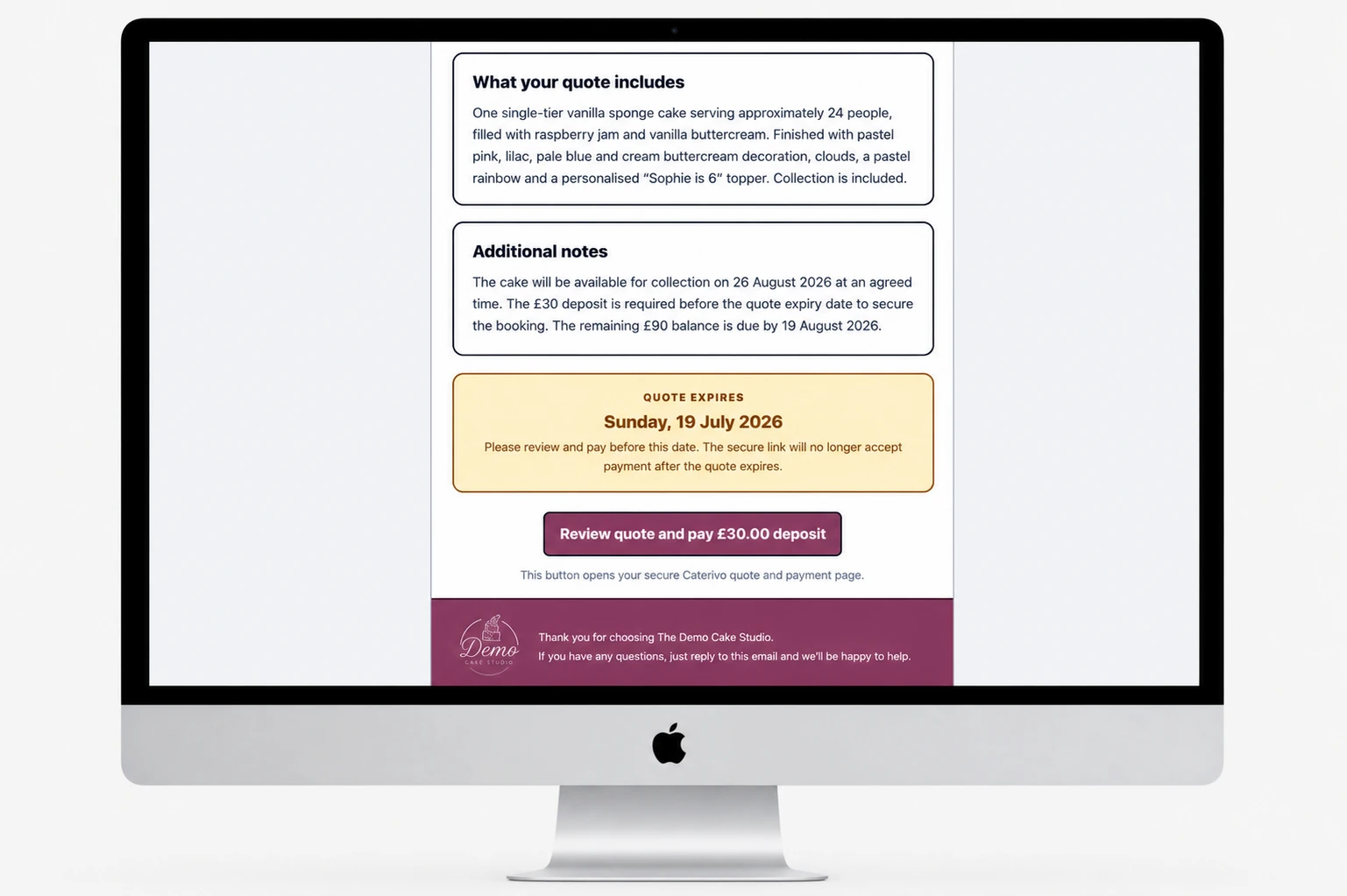 The second part of The Demo Cake Studio’s fictional branded quote email showing the included work, expiry date and secure payment button