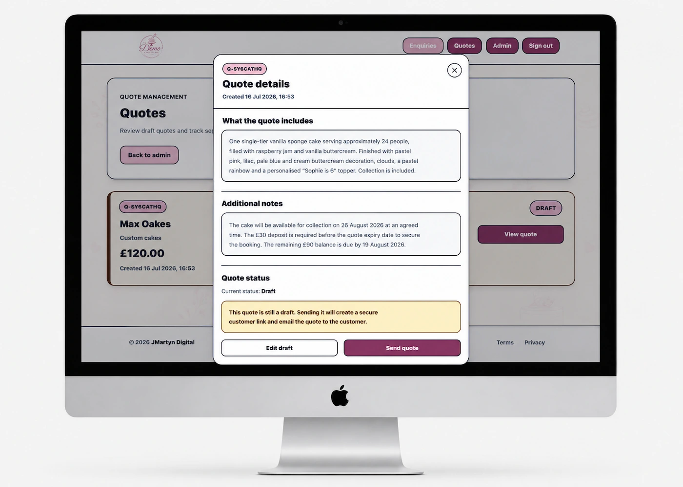 The Demo Cake Studio draft quote modal showing options to edit or send the fictional quote
