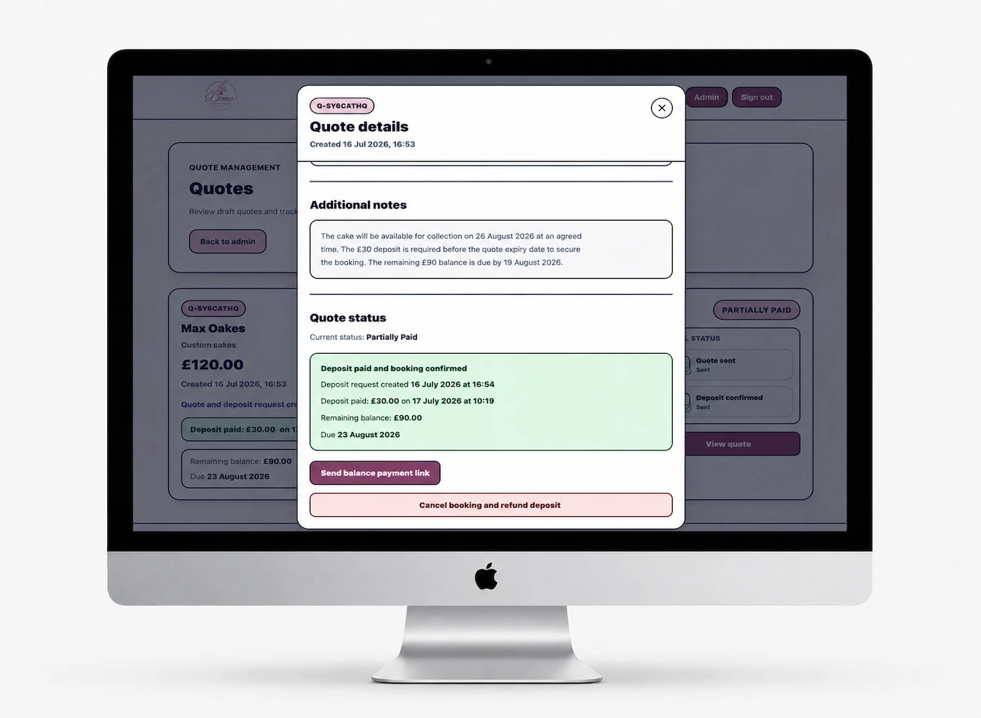 The Demo Cake Studio quote modal showing the option to send the fictional customer’s remaining balance payment link