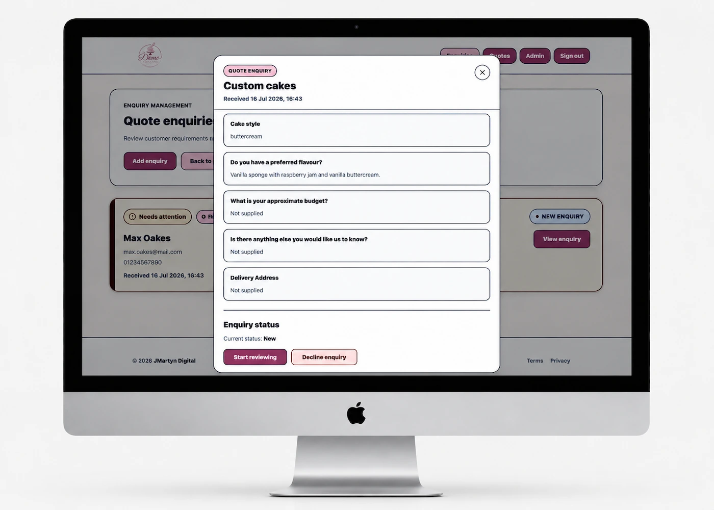 The Demo Cake Studio enquiry modal showing the fictional customer’s submitted cake requirements