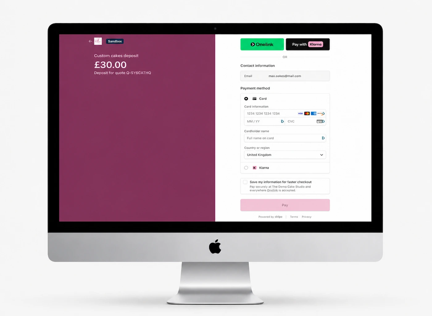 Secure Stripe checkout page showing the fictional £30 deposit payment for The Demo Cake Studio